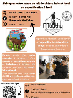 Atelier : Fabriquez votre savon au lait de chèvre en saponification à froid le samedi 31/01/2026